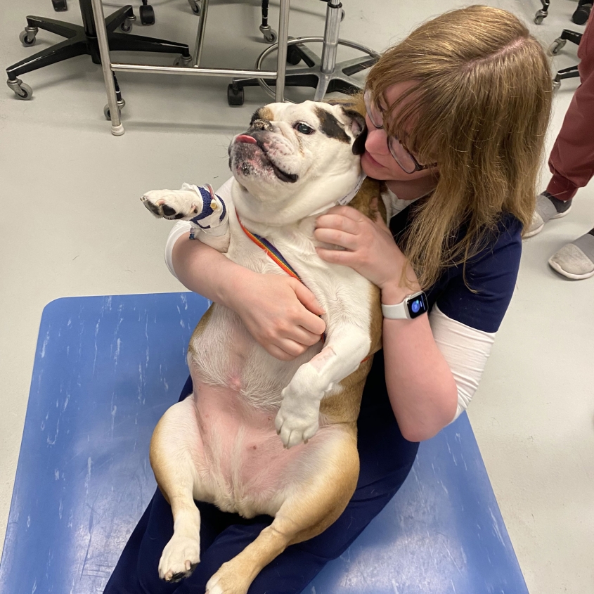 Maisie cuddling with hospital staff