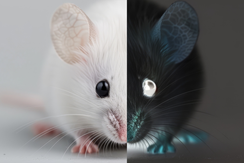 A mouse with a half side white and the other half black