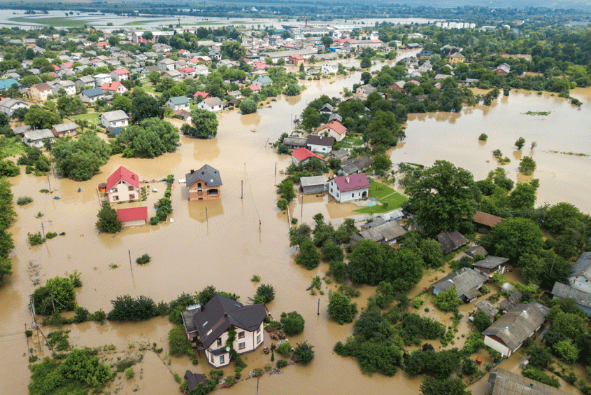 aerial view of a flooded neighborhood