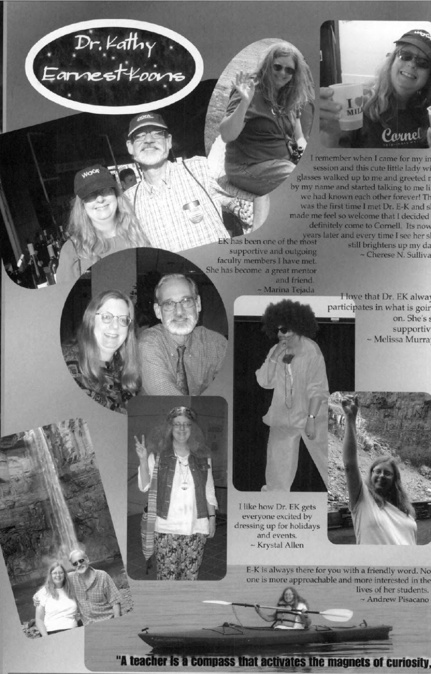 A page from the CVM 2010 yearbook featuring a collage of images of Dr. E-K with quotes appreciating her from students