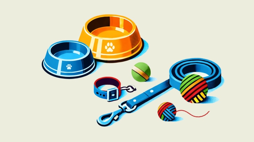 illustration with empty food bowls, a collar, leash and toys