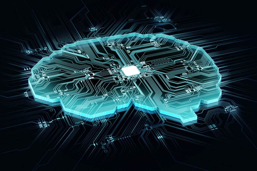 Artist rendering of a computer chip shaped like a brain