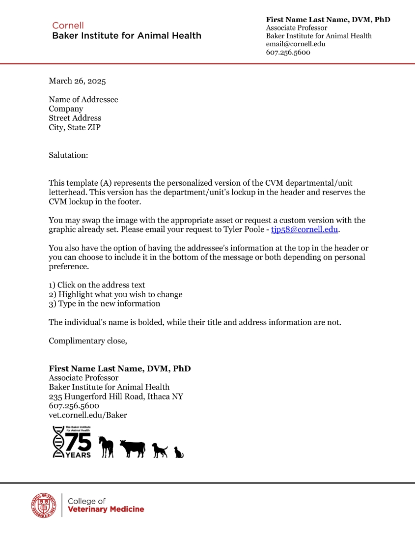 Letterhead example with Baker 75th graphic. 