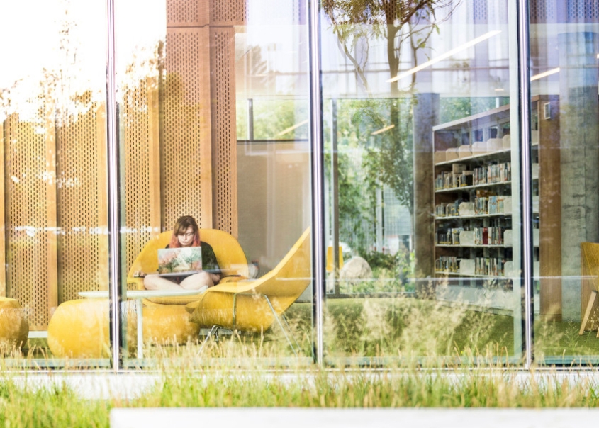 The CVM library view from outside the glass window