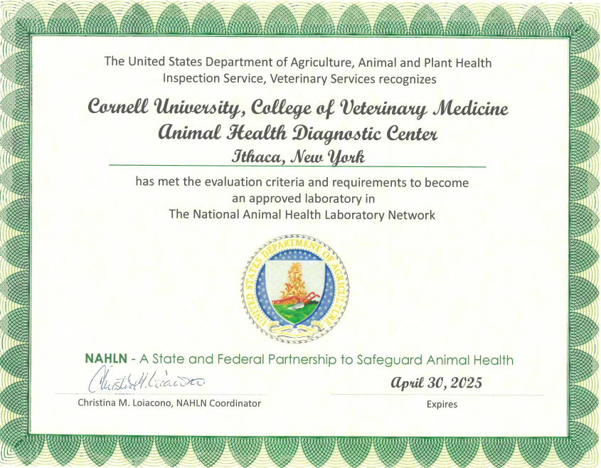 NAHLN certification document awarded to the AHDC