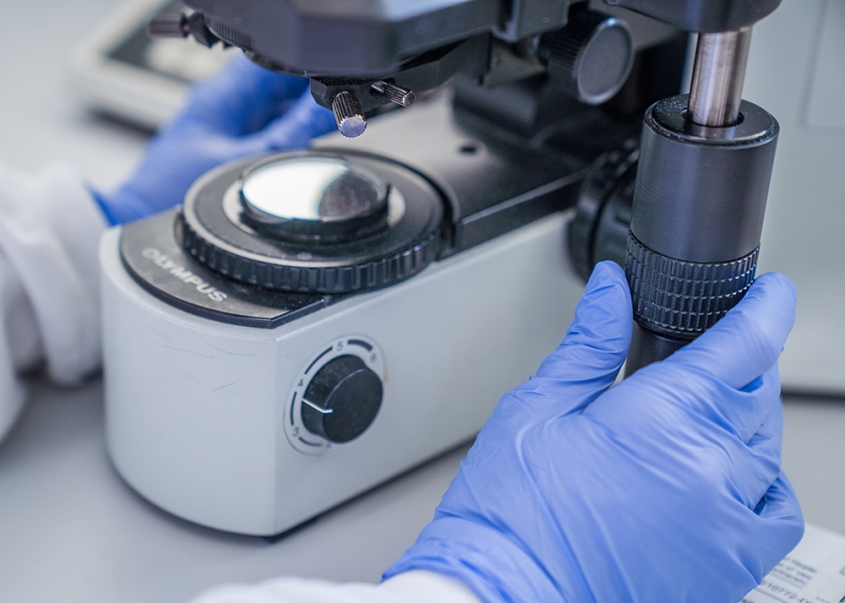 A microscope with gloved hands