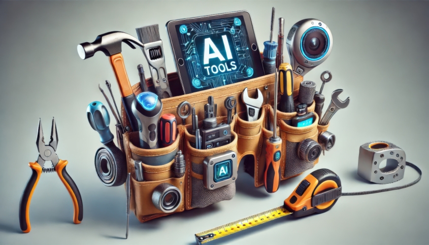 tool box with real tools and AI or computer elements