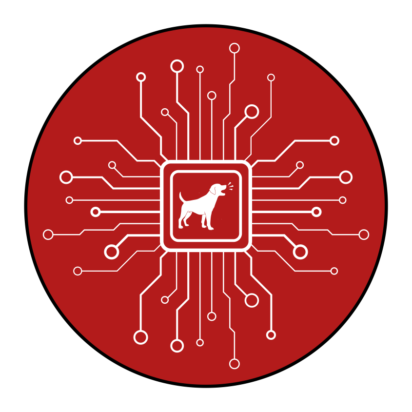 A red circle with AI components and a dog barking in the middle. 