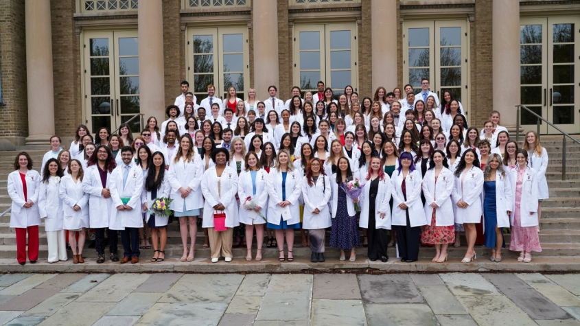 DVM Class of 2026 group shot on the steps of Bailey Hall
