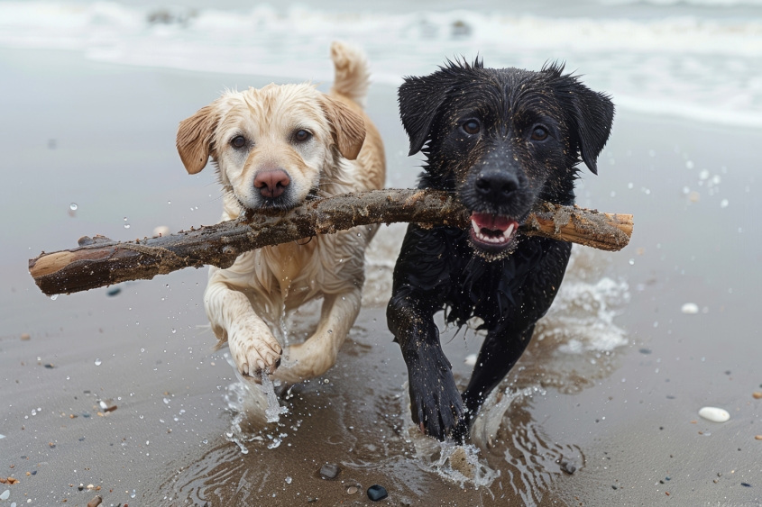 Two dogs run up a beach with a stick in their mouths. 