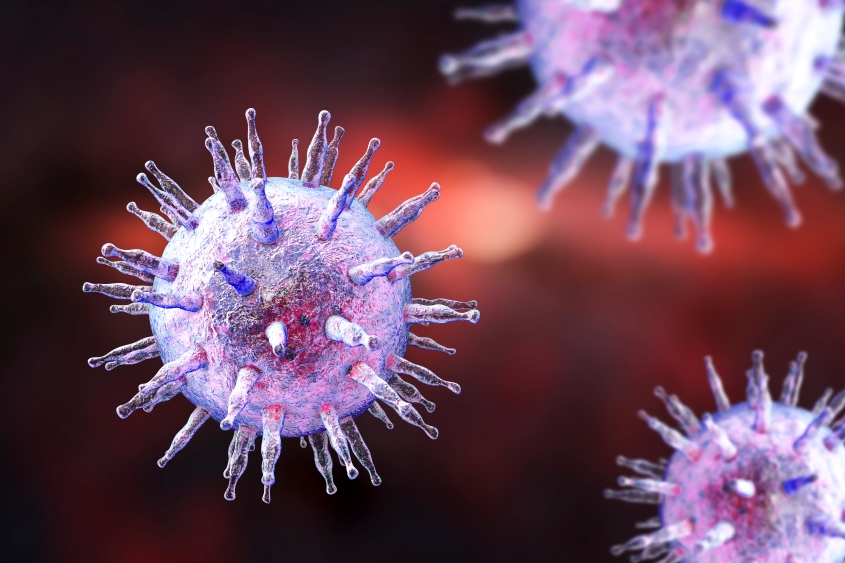 Epstein-Barr virus illustration showing three floating pointed objects in purple. 