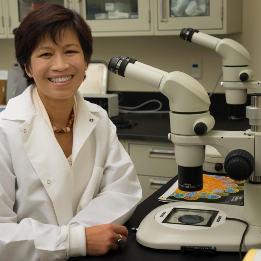 Nucharin Songsasen wearing a lab coat in the lab by a microscope.