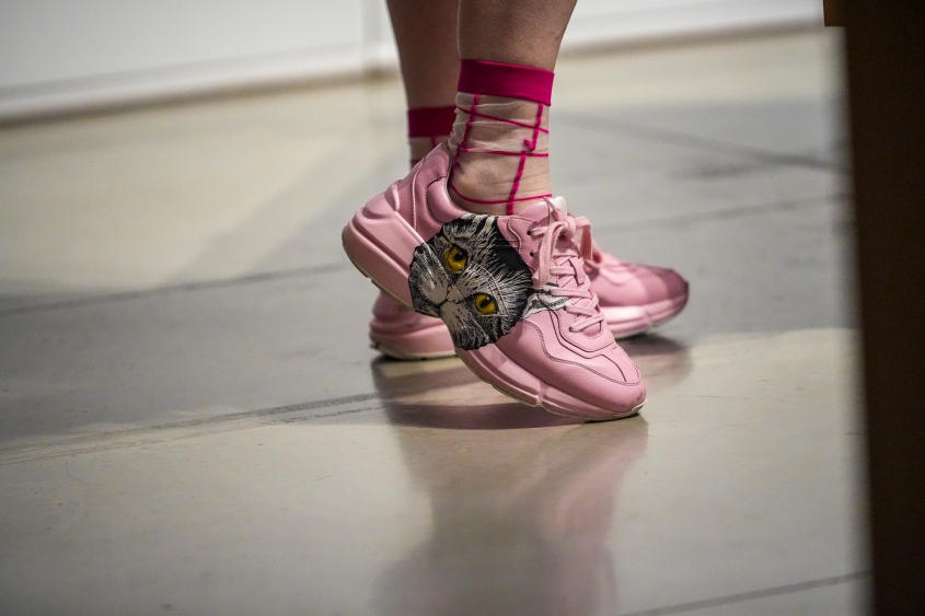 A person wearing pink sneakers with a cat drawn on them gives a presentation. 