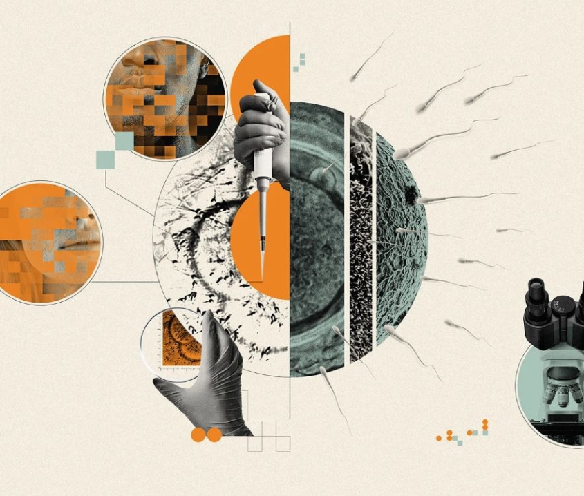 Illustration featuring eggs, sperm and petri dishes