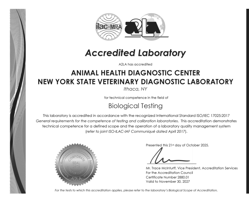 The 2025-2027 A2LA certificate for the Animal Health Diagnostic Center