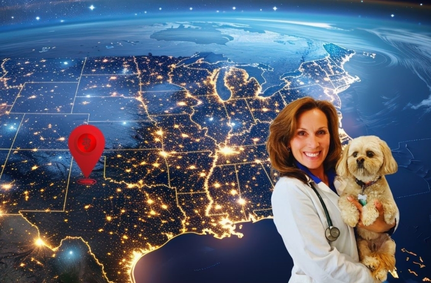 Map of America with a veterinarian in foreground 