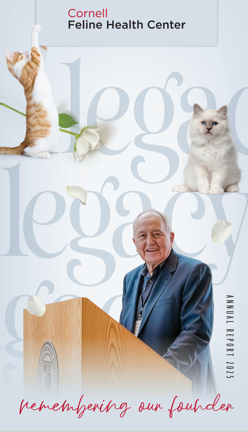 cover of 2025 Cornell Feline Health Center annual report with playful cats, white rose and image of Fred Scott at podium
