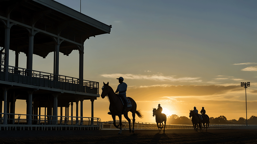 Race horses at Belmont track at dawn