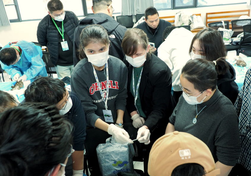 A group of clinicians in masks gathered around a demonstration at a conference