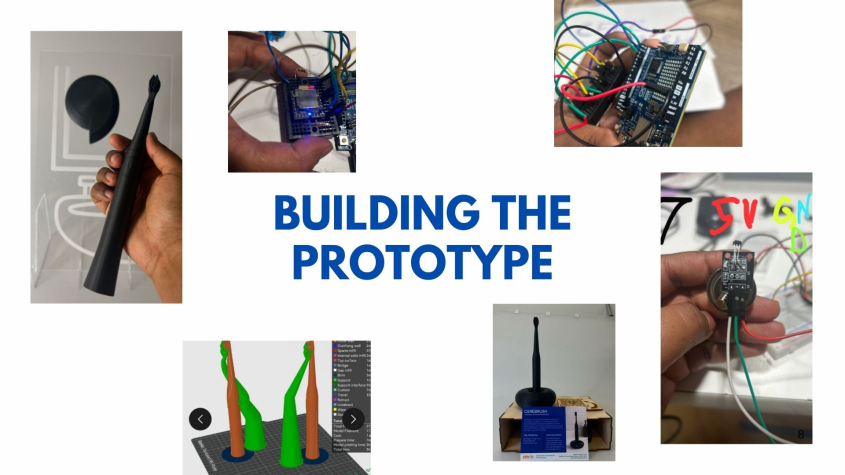 Series of photos showing how the brush is built with text saying "building the prototype"