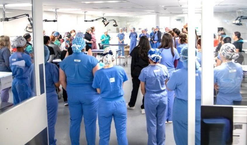 People in scrubs working at tables in a veterinary clinical skills lab.