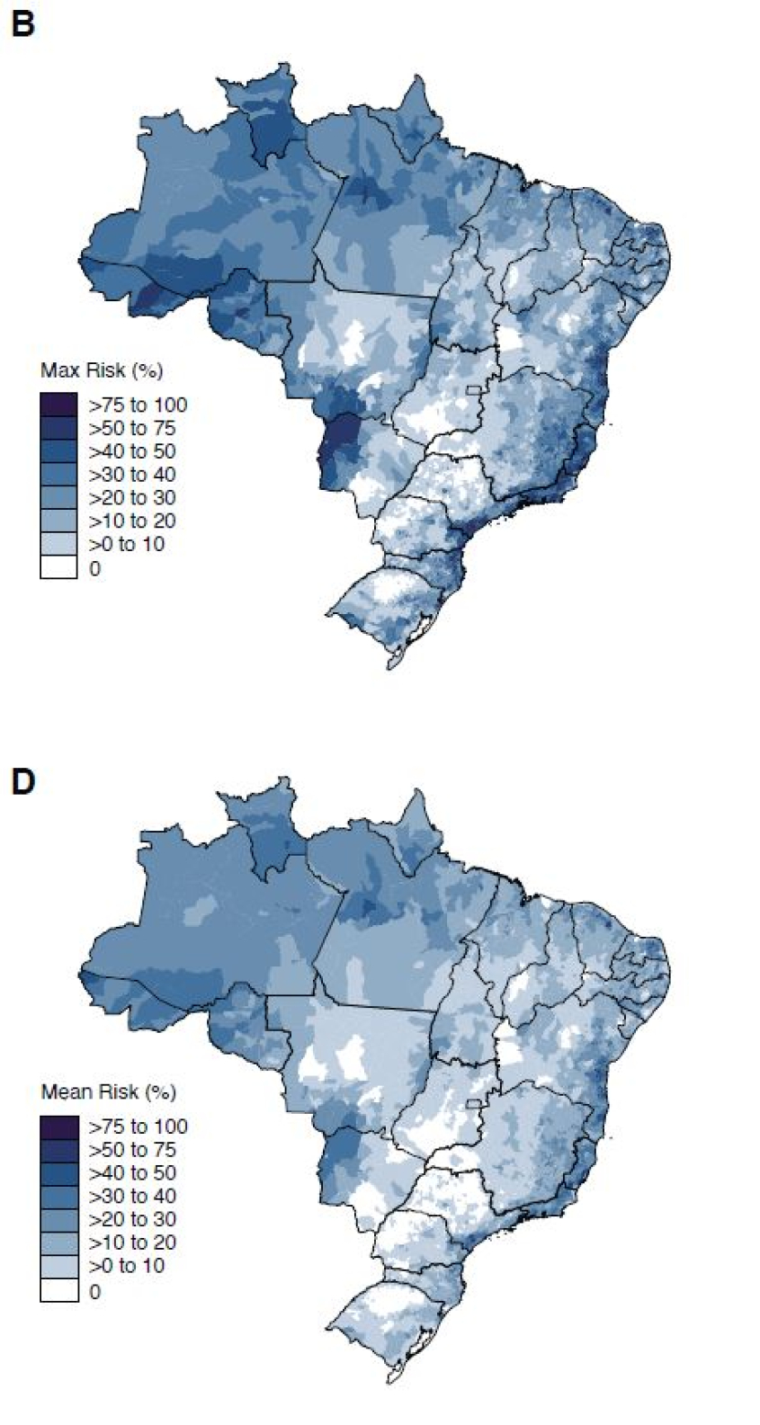 maps of Brazil indicating levels of virus outbreak risk