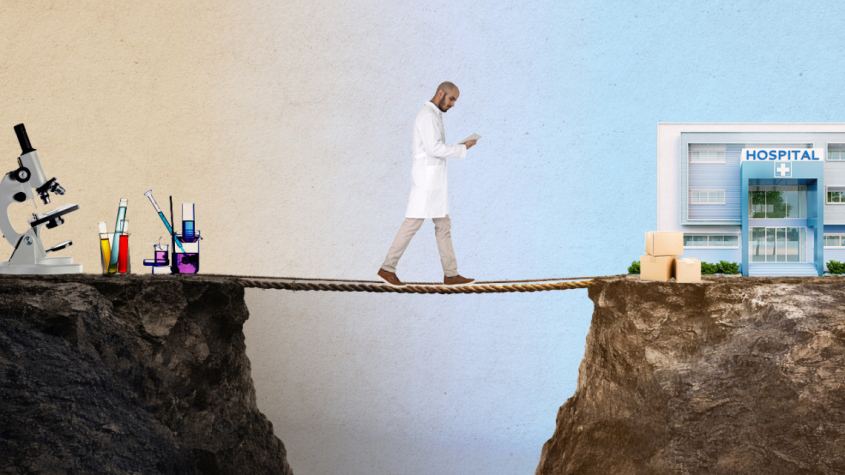 illustration of a scientist walking on a bridge from a lab to a hospital