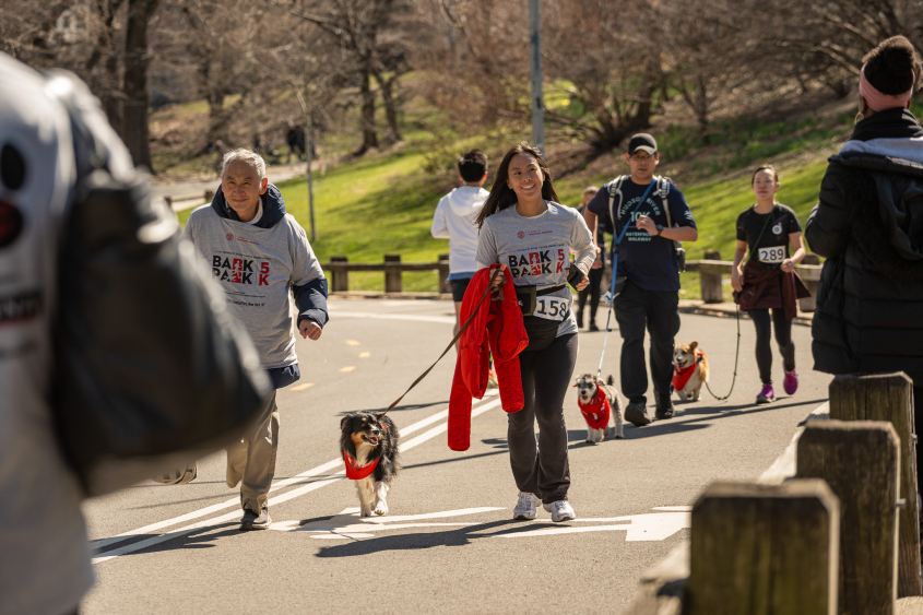 A woman runs with her dog in Central Park. 