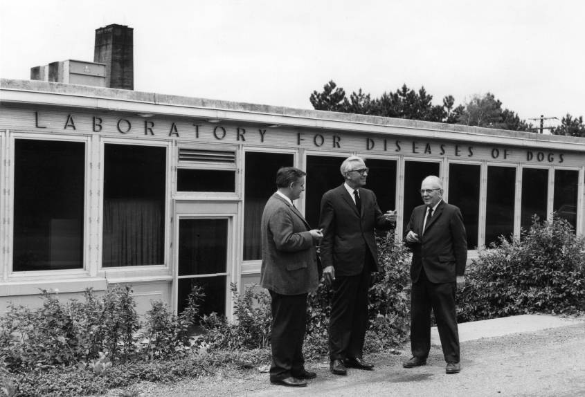black and white photo of scientists in front of a building called Laboratory for diseases of dogs