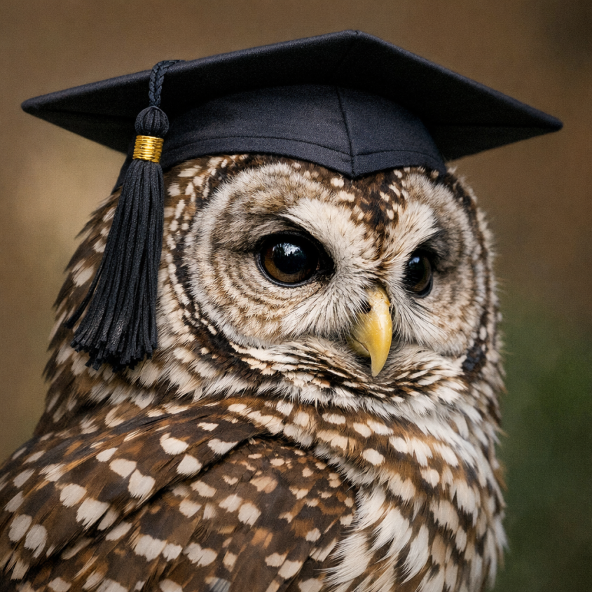 An Ai generated owl with a a graduation cap