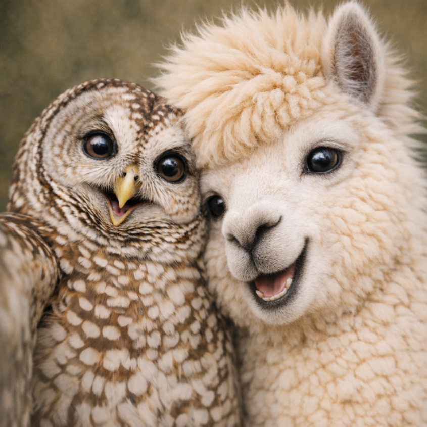 an AI generate owl and alpaca taking a selfie together