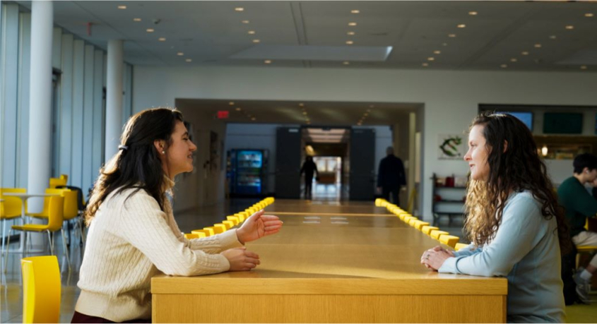 a student and faculty member talking at a table