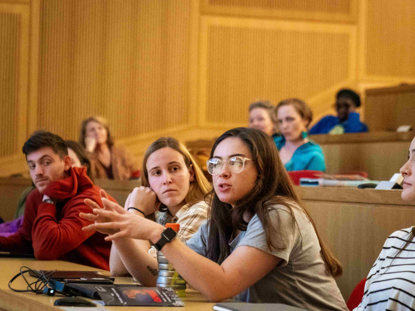 Student discussion in a lecture hall
