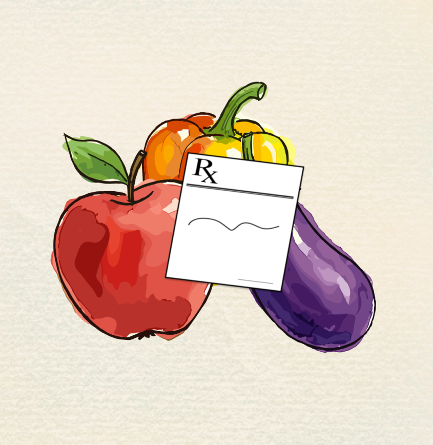 Illustration of fruits and vegetables with a prescription pad.