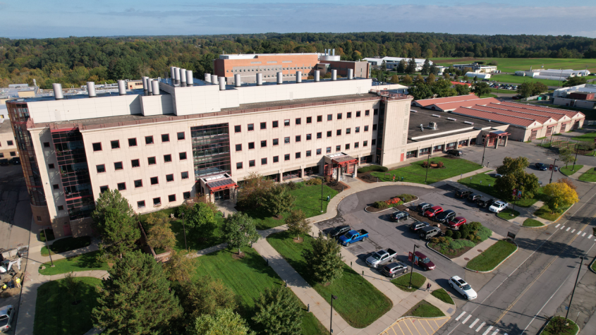 Drone snapshot of the front exterior of the Cornell University Hospital for Animals