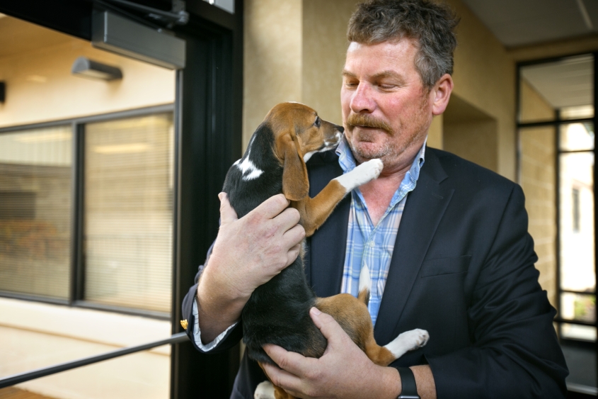 Dr. Colin Parrish holds a beagle puppy