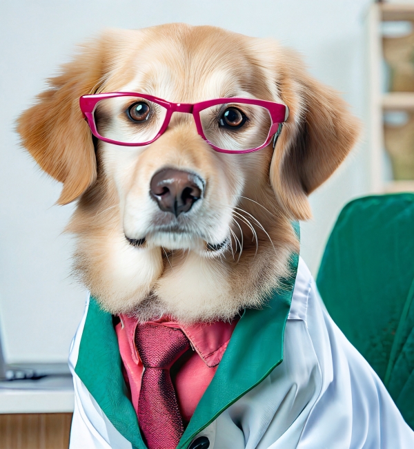 A portrait image dog wearing pink glasses and matching neck tie