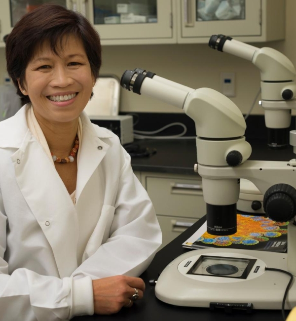 Nucharin Songsasen wearing a lab coat in the lab by a microscope.