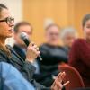 Claudia Fischbach, associate professor of biomedical engineering, speaks during the inaugural Cornell Cancer Research Symposium.