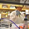 Technician with pipettes in the Cerione lab