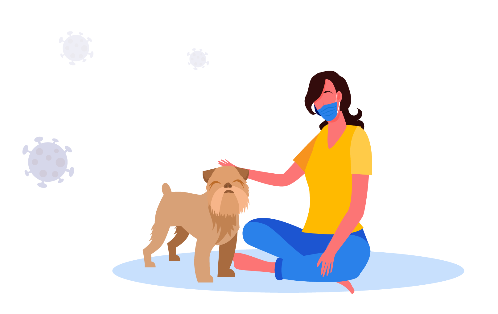 Animated graphic of girl with surgical mask petting dog
