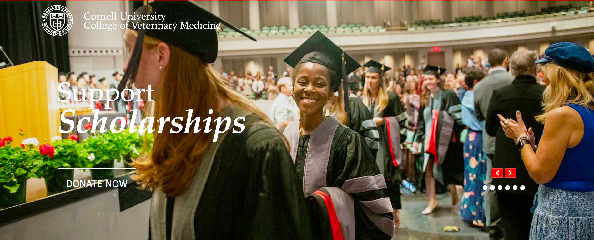 A screenshot of the CVM Giving page, displaying the words "Support Scholarships" over a photo of a student smiling during the 2018 hooding ceremony