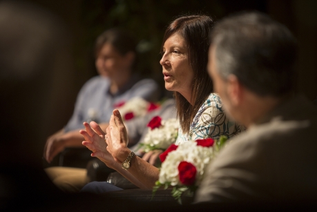 Wildlife ecologist Shirley Atkinson speaks at the Reunion Weekend 2017 panel "Wildlife Health Cornell: Because We Need Nature, and Nature Needs Us" in Statler Auditorium.